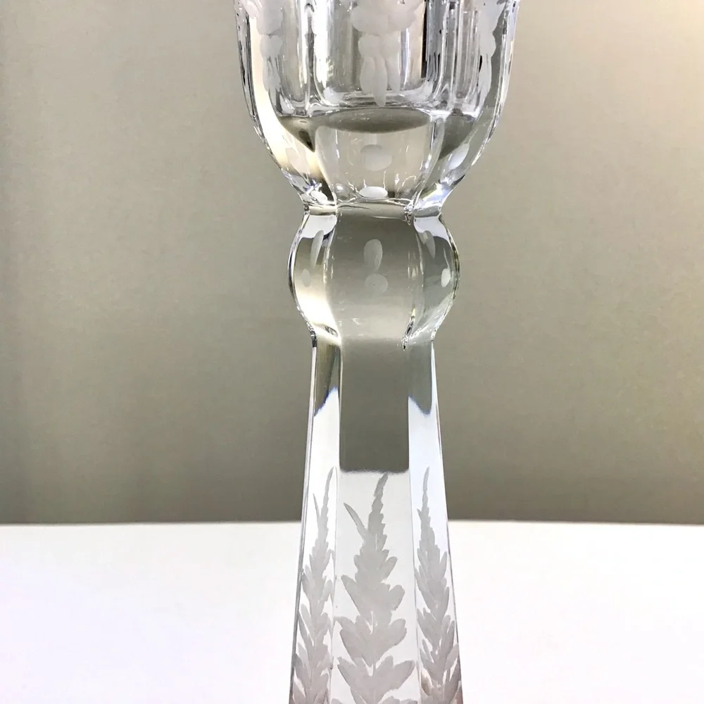 Vintage HEISEY Crystal Glass Candle Holder Elegant Etched Flowers & Leaves 7.75”